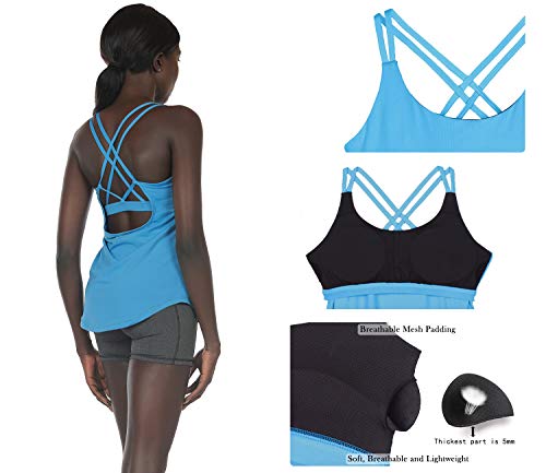 icyzone 2 en 1 Camiseta de Tirantes para Mujer Cruzado-Cruzado Strappy Chaleco Deportivo Fitness (L, Azul)