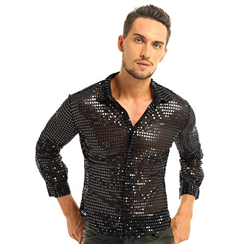 IEFIEL Camisa de Baile Latino Lentejuelas Hombre Camisa de Danza Moderna Brillante Sexy Traje de Baile Disfraz Estilo 80s Vintage M-XL Negro Medium