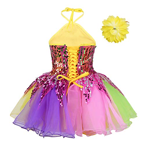 IEFIEL Disfraz Bailarina Niña Lentejuelas Princesa Maillot Tutú Fiesta Vestido de Danza Flores Traje de Ballet Ropa para Baile Actuación Competición Rosa Amarillo 4-5 años