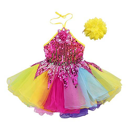 IEFIEL Disfraz Bailarina Niña Lentejuelas Princesa Maillot Tutú Fiesta Vestido de Danza Flores Traje de Ballet Ropa para Baile Actuación Competición Rosa Amarillo 4-5 años