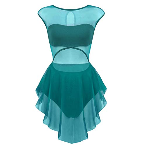 IEFIEL Maillot Gimnasia para Adulto Mujer Vestido de Danza Ballet Mono Clásico Leotardo con Fald Tutú de Malla Transparente Verde XL