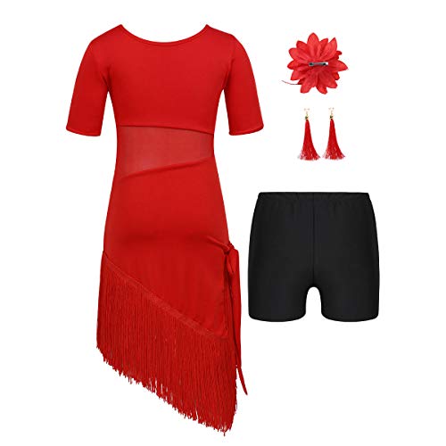 IEFIEL Vestido de Baile Latino para Niñas Traje de Latin Sevillana Tango Rumba Profesional Dsifraz Bailarina Fiesta Actuacion Empalme Vestido Flecos Borlas Flor Flanmenca Rojo 8-10 Años