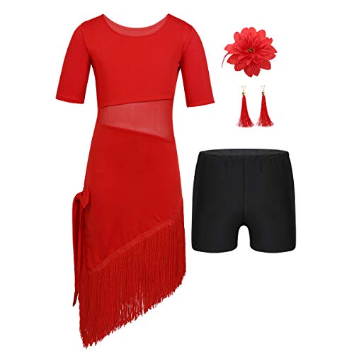 IEFIEL Vestido de Baile Latino para Niñas Traje de Latin Sevillana Tango Rumba Profesional Dsifraz Bailarina Fiesta Actuacion Empalme Vestido Flecos Borlas Flor Flanmenca Rojo 8-10 Años