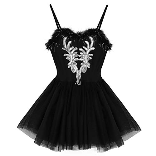 IEFIEL Vestido de Danza Ballet Mujer Maillot Tutú Princesa de Gimnasia Ritmica Disfraz Cisne de Bailar Vestido de Tirantes para Competiciones Negro S