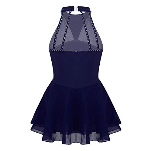 IEFIEL Vestido de Patinaje Artístico sobre Hielo Halter Niña Vestido de baile sin Mangas Maillot Ballet con Falda Traje Gimnasia Brillante con Diamante Azul Navy 8 Años