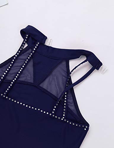 IEFIEL Vestido de Patinaje Artístico sobre Hielo Halter Niña Vestido de baile sin Mangas Maillot Ballet con Falda Traje Gimnasia Brillante con Diamante Azul Navy 8 Años