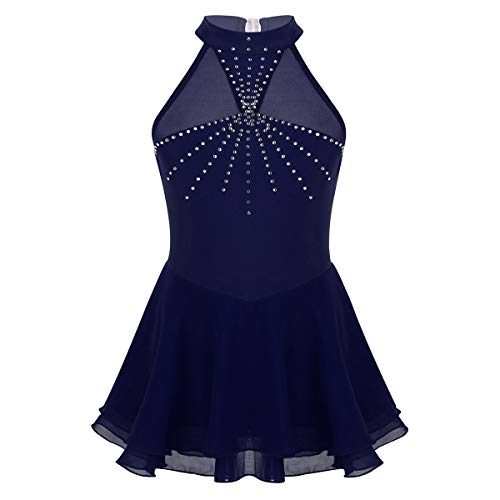 IEFIEL Vestido de Patinaje Artístico sobre Hielo Halter Niña Vestido de baile sin Mangas Maillot Ballet con Falda Traje Gimnasia Brillante con Diamante Azul Navy 8 Años