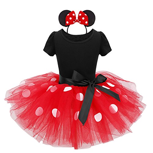 IEFIEL Vestido Maillot de Ballet Danza para Niña Disfraz Bailarina Tutú Lunares Vestido de Princesa Fiesta Boda Cumpleaños con Diadema 1-8 Años Rojo 2 años