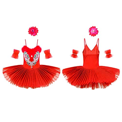 IEFIEL Vestido Maillot de Danza Ballet Cisne Niña Leotardo Gimnasia Clásico Con Tutú Princesa Body Elegante de Baile Disfraz Bailarina Lentejuelas Actuación Rojo A 9-10 años