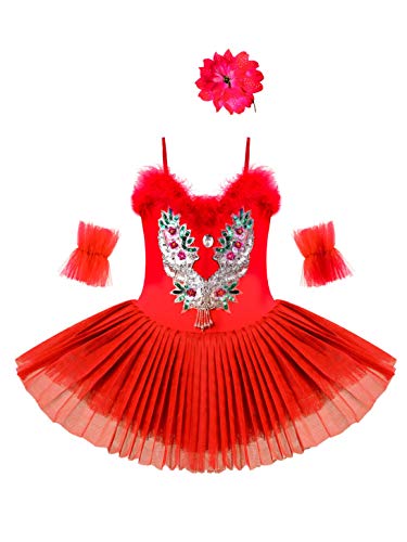 IEFIEL Vestido Maillot de Danza Ballet Cisne Niña Leotardo Gimnasia Clásico Con Tutú Princesa Body Elegante de Baile Disfraz Bailarina Lentejuelas Actuación Rojo A 9-10 años