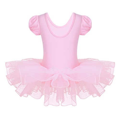 IEFIEL Vestido Tutú de Princesa para Niña Vestido de Danza Ballet Manga Corta Disfraz de Bailarina Elástica con Braguita Interior Maillot Gimnástico Traje de Patinaje Rosa A 5-6 años