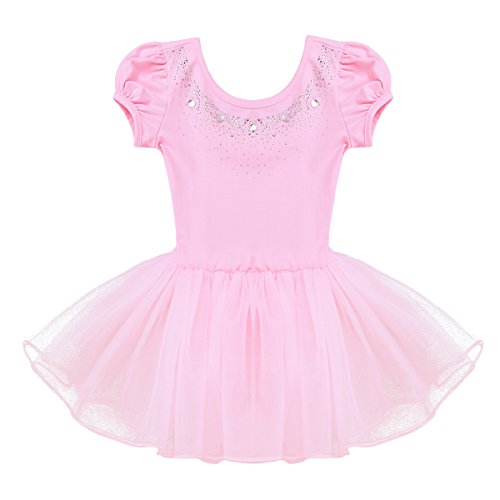 IEFIEL Vestido Tutú de Princesa para Niña Vestido de Danza Ballet Manga Corta Disfraz de Bailarina Elástica con Braguita Interior Maillot Gimnástico Traje de Patinaje Rosa A 5-6 años