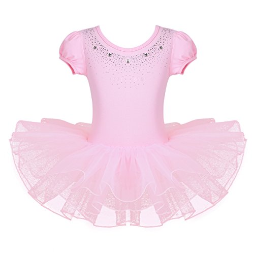 IEFIEL Vestido Tutú de Princesa para Niña Vestido de Danza Ballet Manga Corta Disfraz de Bailarina Elástica con Braguita Interior Maillot Gimnástico Traje de Patinaje Rosa A 5-6 años