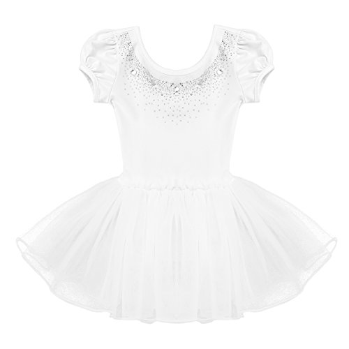 IEFIEL Vestido Tutú de Princesa para Niña Vestido de Danza Ballet Manga Corta Disfraz de Bailarina Elástica con Braguita Interior Maillot Gimnástico Traje de Patinaje Blanco A 5-6 años