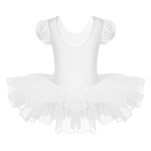 IEFIEL Vestido Tutú de Princesa para Niña Vestido de Danza Ballet Manga Corta Disfraz de Bailarina Elástica con Braguita Interior Maillot Gimnástico Traje de Patinaje Blanco A 5-6 años