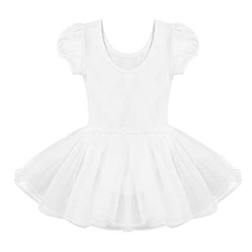 IEFIEL Vestido Tutú de Princesa para Niña Vestido de Danza Ballet Manga Corta Disfraz de Bailarina Elástica con Braguita Interior Maillot Gimnástico Traje de Patinaje Blanco A 5-6 años