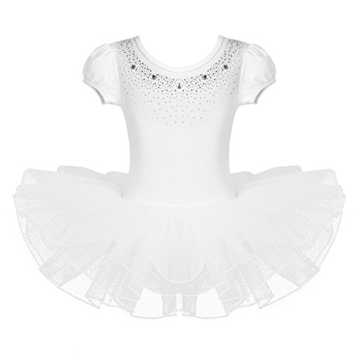 IEFIEL Vestido Tutú de Princesa para Niña Vestido de Danza Ballet Manga Corta Disfraz de Bailarina Elástica con Braguita Interior Maillot Gimnástico Traje de Patinaje Blanco A 5-6 años