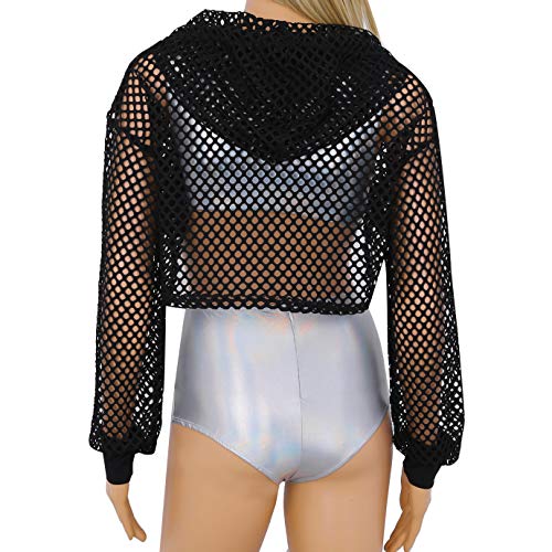 iiniim Crop Top con Capucha Mujer Manga Larga de Malla Transparente Pecho Abierto Blusa Chaleco Sexy Tops Camiseta Corta Traje Club Danza Fiesta Mesh Fishnet Hooded Shirts Negro S