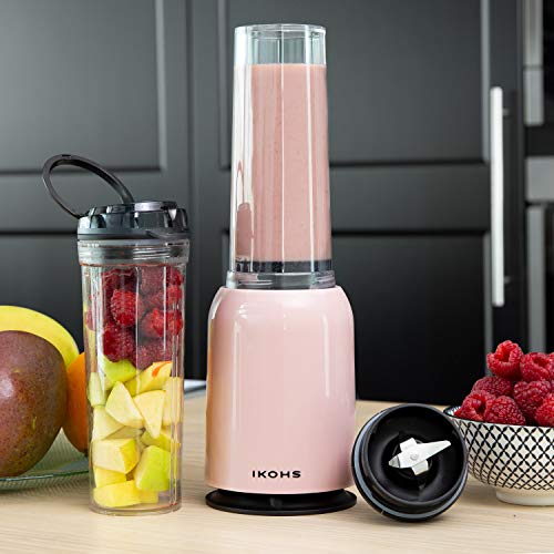 IKOHS Batidora de Vaso MOI - Batidora de Vaso Individual para Smoothies y Batidos, 230 W, Individual, Portátil, Cuchillas de Acero Inoxidable, 230W, Libre de BPA, Diseño Exclusivo, Color Rosa