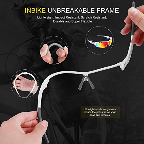 Inbike Gafas de Sol Polarizadas Para Ciclismo con 5 Lentes Intercambiables Uv400 y Montura de Tr-90, Gafas Para Mtb Bicicleta Montaña 100% de Protección Uv(Blanco)