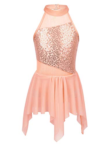 inhzoy Maillot de Danza Ballet Lentejuelas para Niña Asimétrico Vestido de Patinaje Artístico Leotardo Body de Gimnasia Rítmica Disfraz Bailarina Fiesta Naranja 14 Años