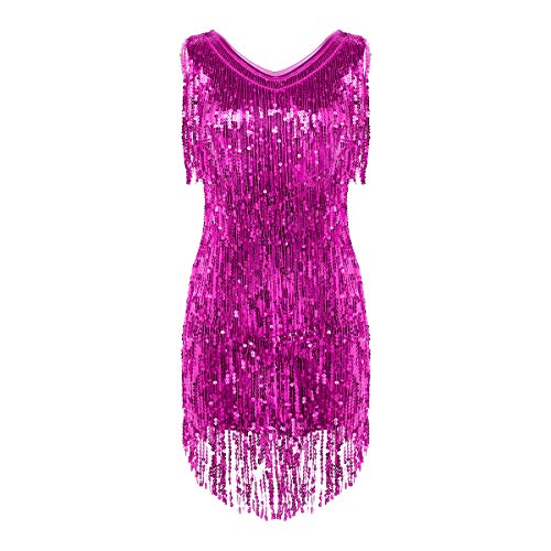 inhzoy Vestido de Baile Latino Lentejuelas para Mujer Vestido de Rumba Tango Salsa Samba Flecos Traje de Baile de Salón Disfraz de Fiesta Dancewear Rosa Oscuro Medium