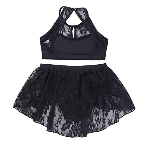 inhzoy Vestido de Danza Ballet Encaje para Niña Crop Top de Danza Moderna Tutú Falda Maillot de Patinaje Artístico Disfraz de Bailarina Dancewear Negro 6-7 Años