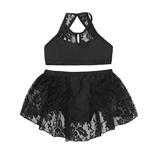 inhzoy Vestido de Danza Ballet Encaje para Niña Crop Top de Danza Moderna Tutú Falda Maillot de Patinaje Artístico Disfraz de Bailarina Dancewear Negro 6-7 Años