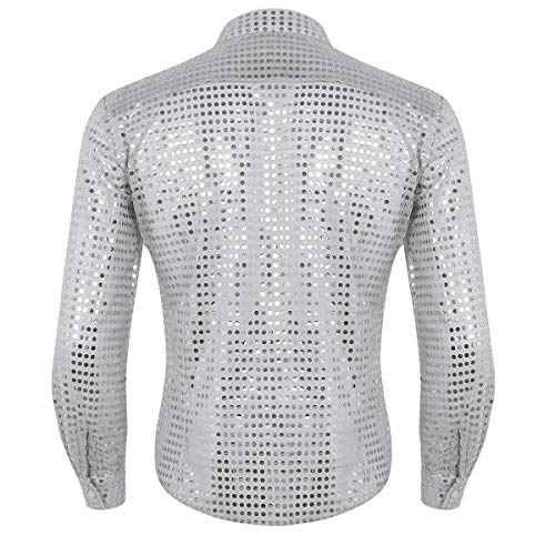 inlzdz Camisa Brillante de Baile Latín para Hombres Blusa Casual de Malla Tranparente Traje de los Años 70 Top Camisa Slim Fit Atractivo Ropa Retro de Disco Actuación Clubwear Plateado Large