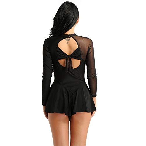 inlzdz Vestido de Patinaje Artístico para Mujer Maillot Manga Larga Espalda Abierta con Lazo Falda Pisada para Chica Vestido de Danza Ballet Leotardo de Gimnasia Negro Medium