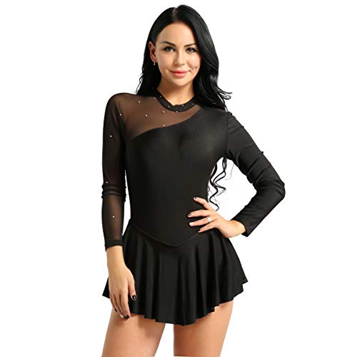 inlzdz Vestido de Patinaje Artístico para Mujer Maillot Manga Larga Espalda Abierta con Lazo Falda Pisada para Chica Vestido de Danza Ballet Leotardo de Gimnasia Negro Medium