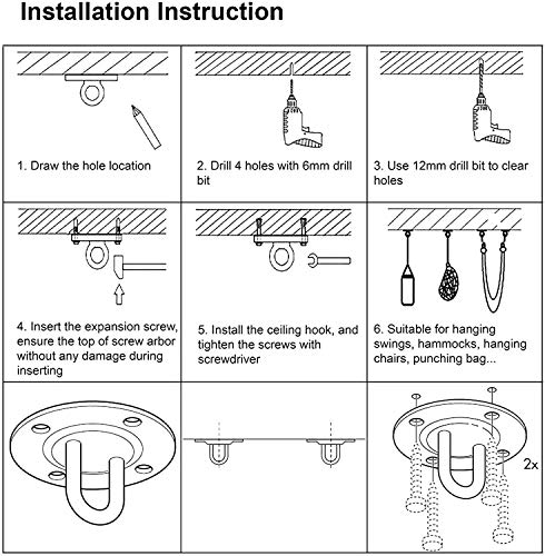 Inoxidable Ganchos de Techo, Anclajes de Techo, Capacidad 450Kg Kit de Ganchos para Hamaca, U-Tipo Gancho Fijo con Mosquetones y Tornillos, para Yoga, Hamacas, Sillón Colgante, Sacos de Boxeo