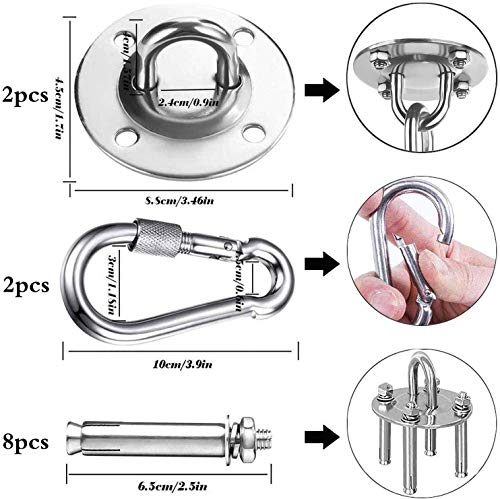 Inoxidable Ganchos de Techo, Anclajes de Techo, Capacidad 450Kg Kit de Ganchos para Hamaca, U-Tipo Gancho Fijo con Mosquetones y Tornillos, para Yoga, Hamacas, Sillón Colgante, Sacos de Boxeo