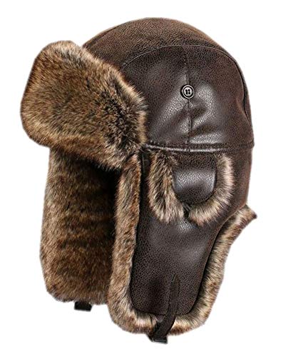 Insun Unisexo Gorros de Aviador Gorro de Cuero Sintético Invierno con Orejeras Anti Viento Impermeable Marrón XL Circunferencia del Sombrero 60cm