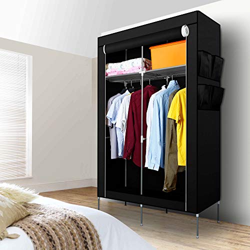 Intirilife Armario Tela Plegable 108x170x45 cm in Negro Cuervo – Guardar Ropa Organizador de Textil Tela Portátil con Cremallera y Barra de Armario per Colgar – Closet Estanteria Exterior