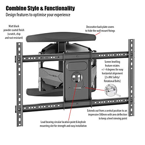 Invision Soporte de TV Pared para 37-70 Pulgadas Pantallas - Super Fuerte, Inclinable y Giratorio Doble Brazo - Máx VESA 600x400mm - Peso Máx 50 kg - Cable HDMI Y Nivel de Burbuja Incluidos (HDTV-DXL)