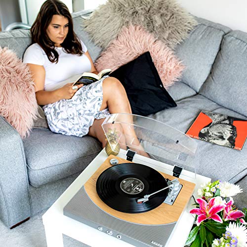 ION Audio Premier LP - Tocadiscos de vinilo Bluetooth, de 3 velocidades, altavoces estéreo, salida USB para convertir vinilos a formato digital, salidas auriculares y RCA, acabado en madera natural