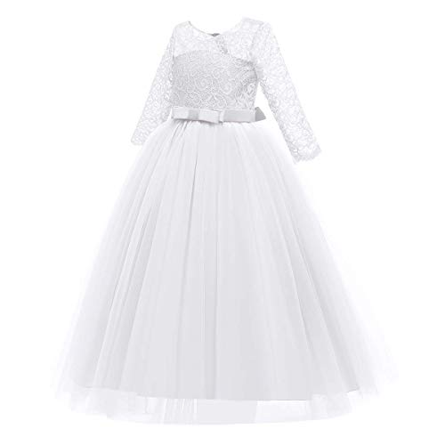 IWEMEK Vestidos de Princesa Fiesta de la Boda de Las Niñas 3/4 Largo Manga Tul Vestidos de Dama De Honor Fiesta Graduación Comunión Cumpleaños Paseo Baile Cóctel Vestido de Novia 7-8 Años