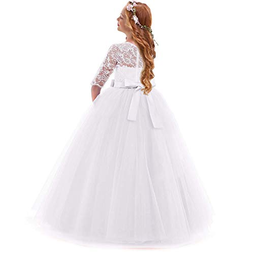 IWEMEK Vestidos de Princesa Fiesta de la Boda de Las Niñas 3/4 Largo Manga Tul Vestidos de Dama De Honor Fiesta Graduación Comunión Cumpleaños Paseo Baile Cóctel Vestido de Novia 7-8 Años