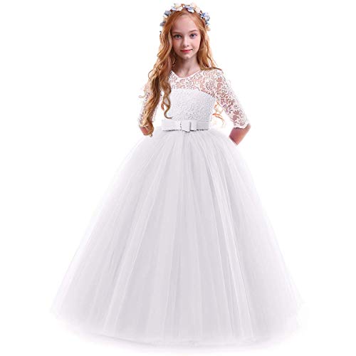 IWEMEK Vestidos de Princesa Fiesta de la Boda de Las Niñas 3/4 Largo Manga Tul Vestidos de Dama De Honor Fiesta Graduación Comunión Cumpleaños Paseo Baile Cóctel Vestido de Novia 7-8 Años