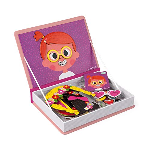 Janod - J02717 - Magneti'Book Crazy Faces (Libro magnético de caras locas) para chicas, juego magnético educativo con 55 piezas para niñas a partir de 3 años