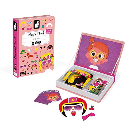 Janod - J02717 - Magneti'Book Crazy Faces (Libro magnético de caras locas) para chicas, juego magnético educativo con 55 piezas para niñas a partir de 3 años