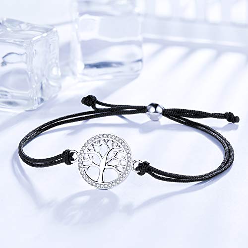 J.Endéar Pulsera Árbol de la Vida para Mujer Plata de Ley 925 Zirconia Cuerda Hecha a Mano 24cm Ajustable