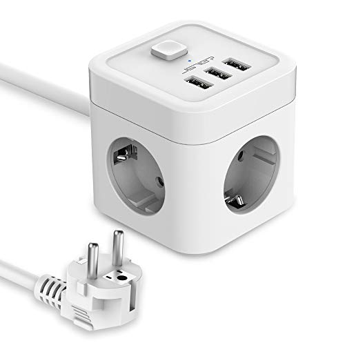 JSVER Cube Enchufe USB con 3 Puertos de USB y 3 Tomas Regleta Proteccion Sobretension Enchufe Alargador Multiple Carga para Samsung iPad iPhone Tablets - Cable 1.5 m Blanco