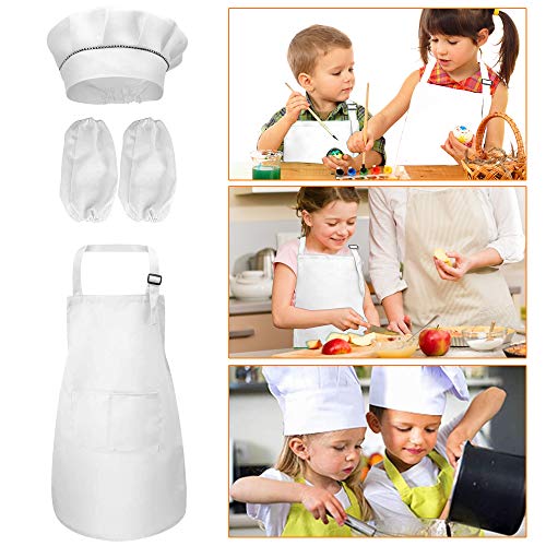 Juego de Delantal y Mangas para Gorro de Chef para Niños, Delantal Blanco con Bolsillos, Delantal Ajustable para Niñas/Niños, Sombreros de Chef, Atuendo de Chef para Niños para Cocinar y Hornear