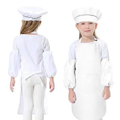 Juego de Delantal y Mangas para Gorro de Chef para Niños, Delantal Blanco con Bolsillos, Delantal Ajustable para Niñas/Niños, Sombreros de Chef, Atuendo de Chef para Niños para Cocinar y Hornear