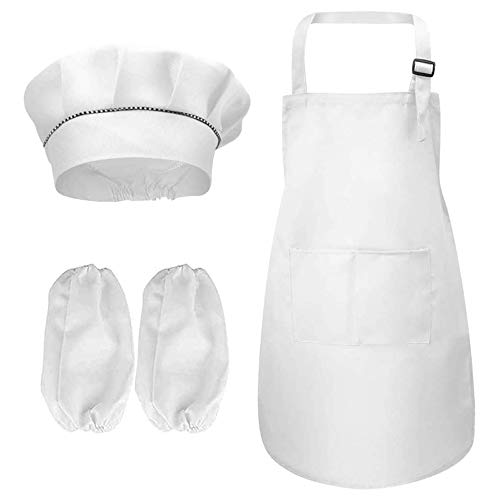 Juego de Delantal y Mangas para Gorro de Chef para Niños, Delantal Blanco con Bolsillos, Delantal Ajustable para Niñas/Niños, Sombreros de Chef, Atuendo de Chef para Niños para Cocinar y Hornear