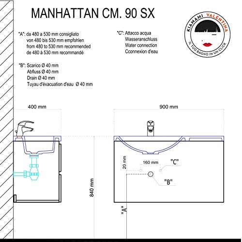 Kiamami Valentina Mueble DE BAÑO DE Pared Manhattan 90 CM Izquierda