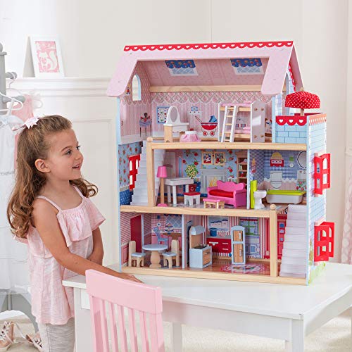 KidKraft-Chelsea Casa madera con muebles y accesorios incluidos, 3 pisos, para muñecas de 30 cm, multicolor, (65054)