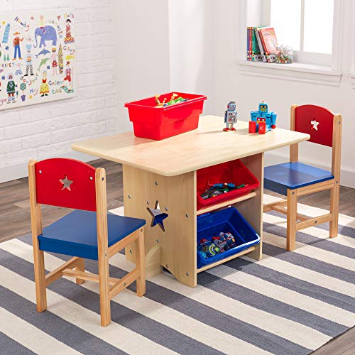 KidKraft- Juego de mesa y 2 sillas de madera con corazón con compartimentos de almacenamiento, cuarto de juegos para niños / muebles de dormitorio Heart , Color Rojo y azul (26912)